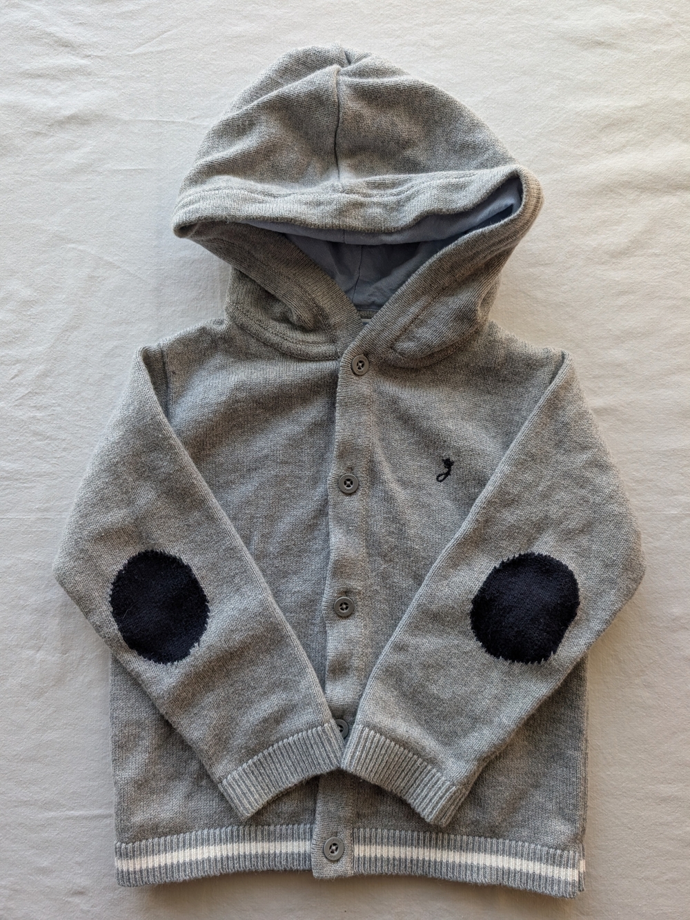 Jacadi Paris Baby Boy Hooded Cardigan Sweater 24M Gray Knit Elbow Patches